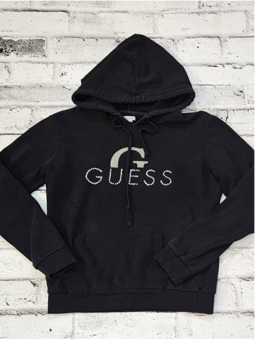 Guess 1981 Womens M Black Rhinestone Logo Pullover Hoodie Y2K